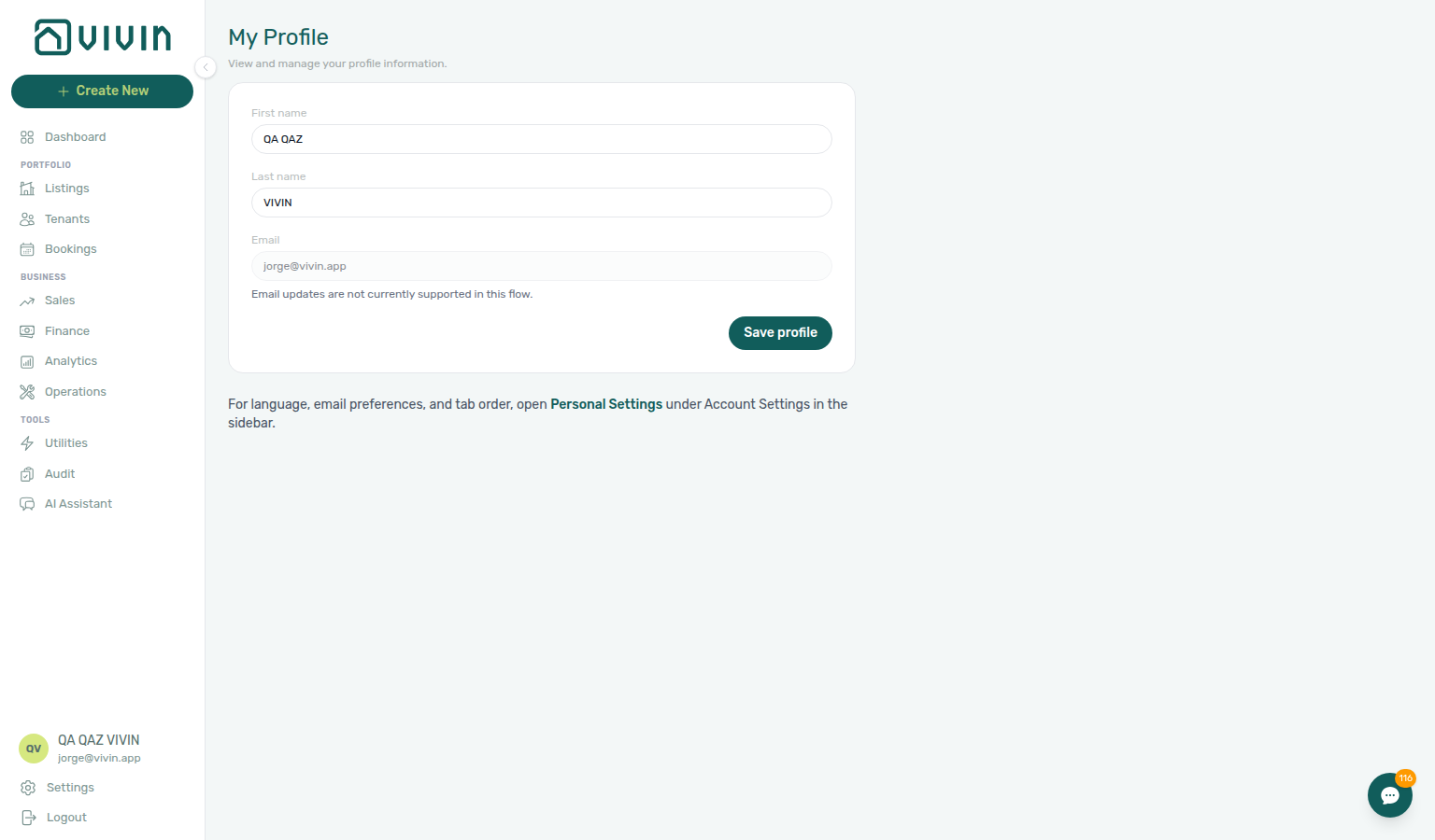 My Profile — name form with Personal Settings link below Save profile