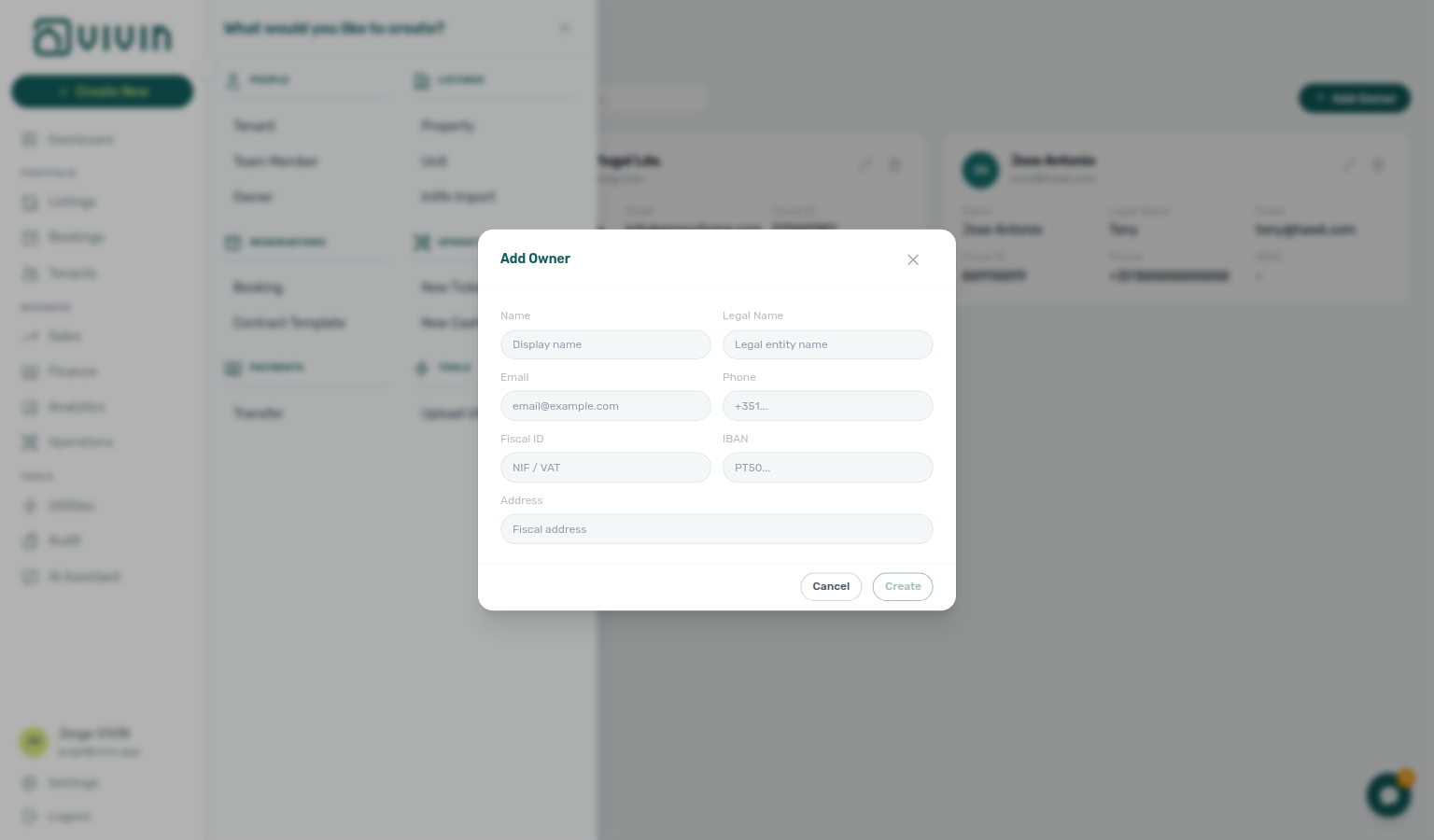 Account Settings — Add Owner dialog with identity, contact, and banking fields