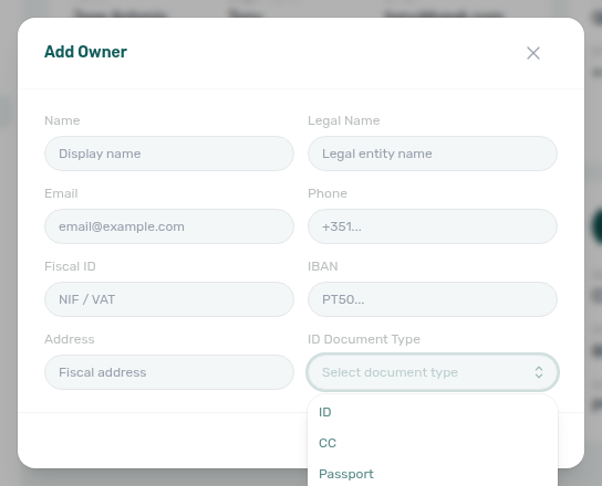 Account Settings — Add Owner with ID Document Type dropdown for contract token OwnerIdDocumentType