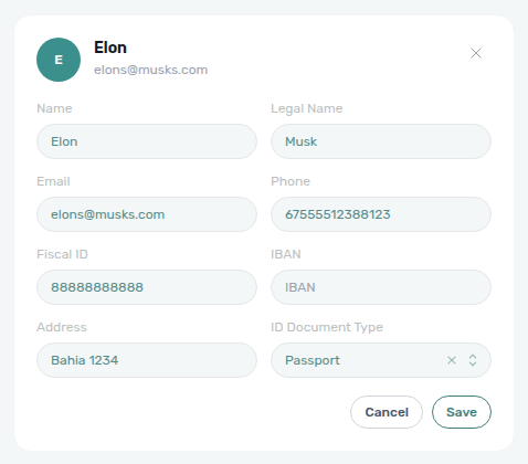 Account Settings — owner card inline edit with ID Document Type set to Passport