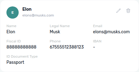 Account Settings — owner card view mode showing ID Document Type Passport