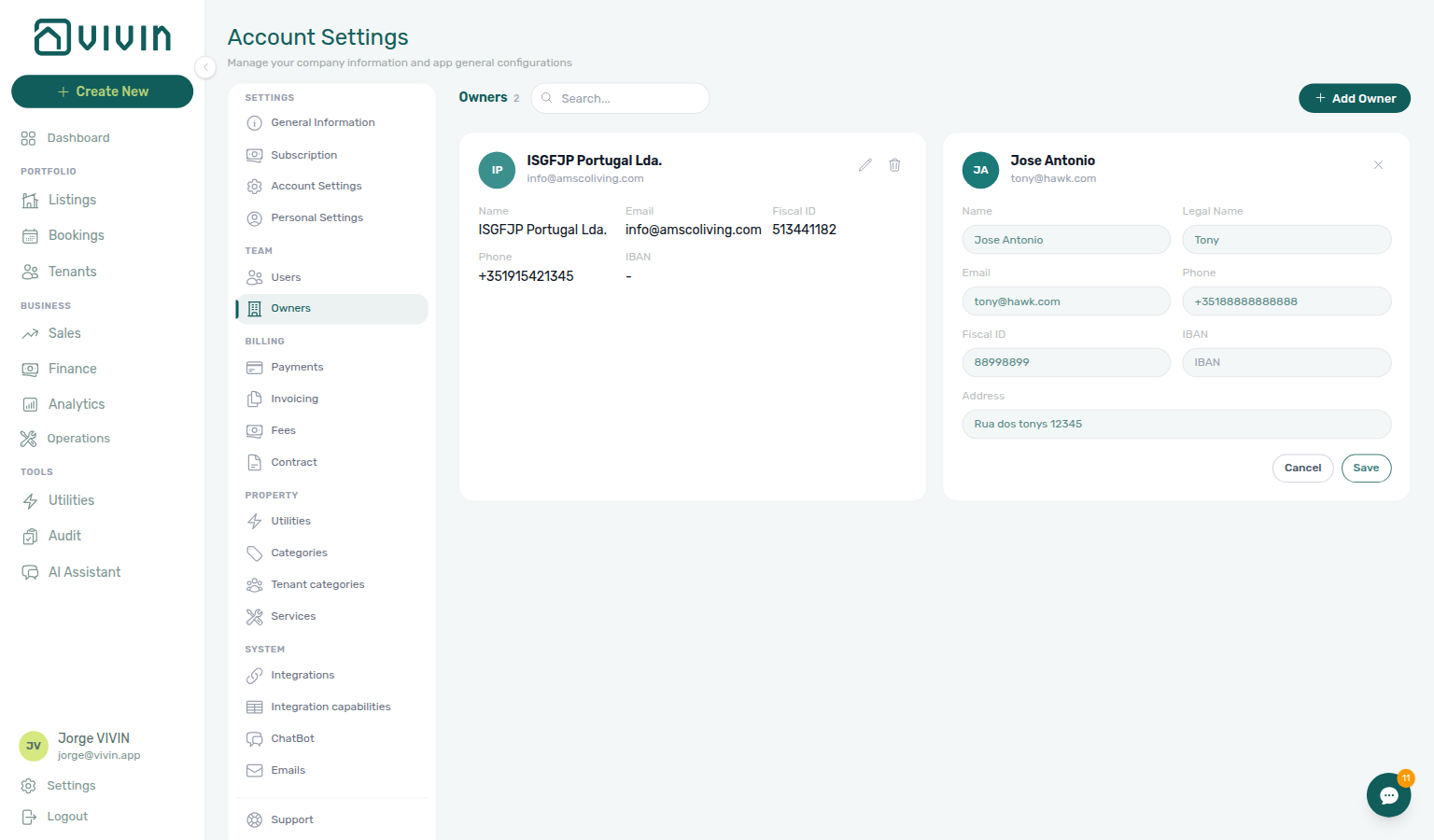 Account Settings — owner card in inline edit mode with editable fields and Cancel / Save