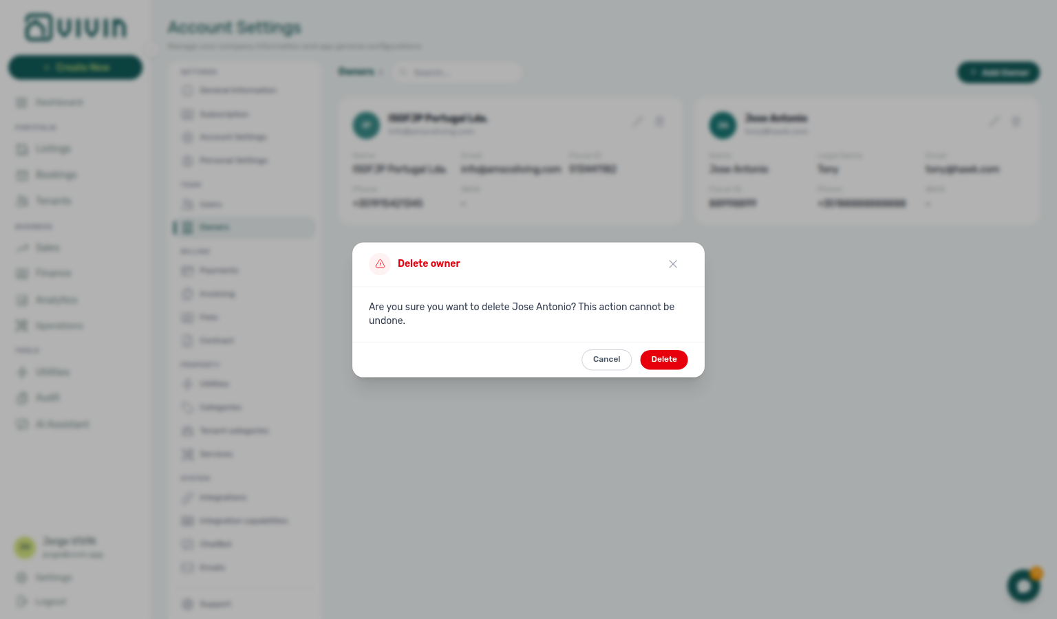 Account Settings — delete owner confirmation dialog