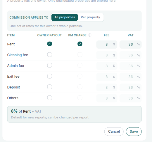 Account Settings — Owners inline edit, Commission applies to All properties and per-item table