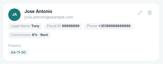 Account Settings — Owners card with Commission chip 8% · Rent