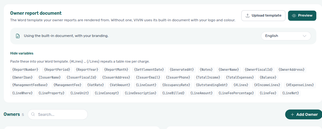 Account Settings — Owners, Owner report document variables list for a custom Word template