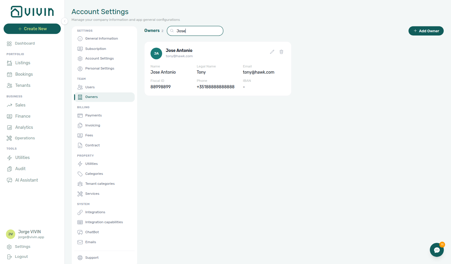 Account Settings — Owners search narrowed to one matching card