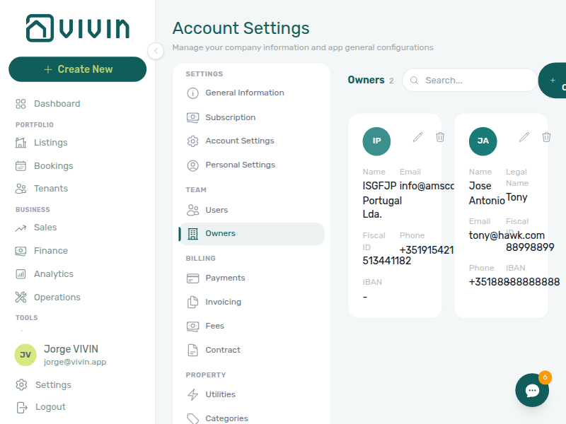 Account Settings — Team — Owners tab with owner cards, search, and add control in the settings shell
