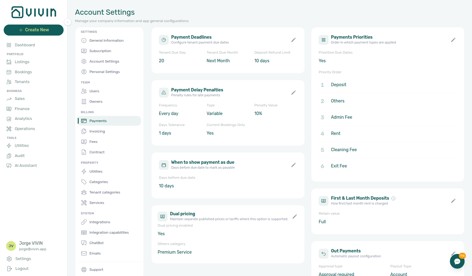 Account Settings — Payments tab, Dual Pricing / Local Rent Cap card with enable toggle and Others category