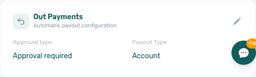 Account Settings — Payments tab, Out Payments card with approval type and payout type (read-only view)