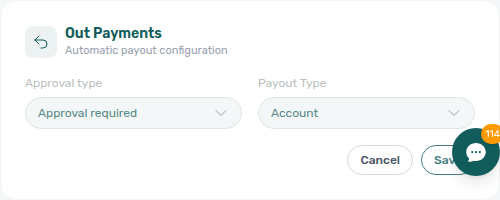 Account Settings — Payments tab, Out Payments card in edit mode with Approval type and Payout type dropdowns