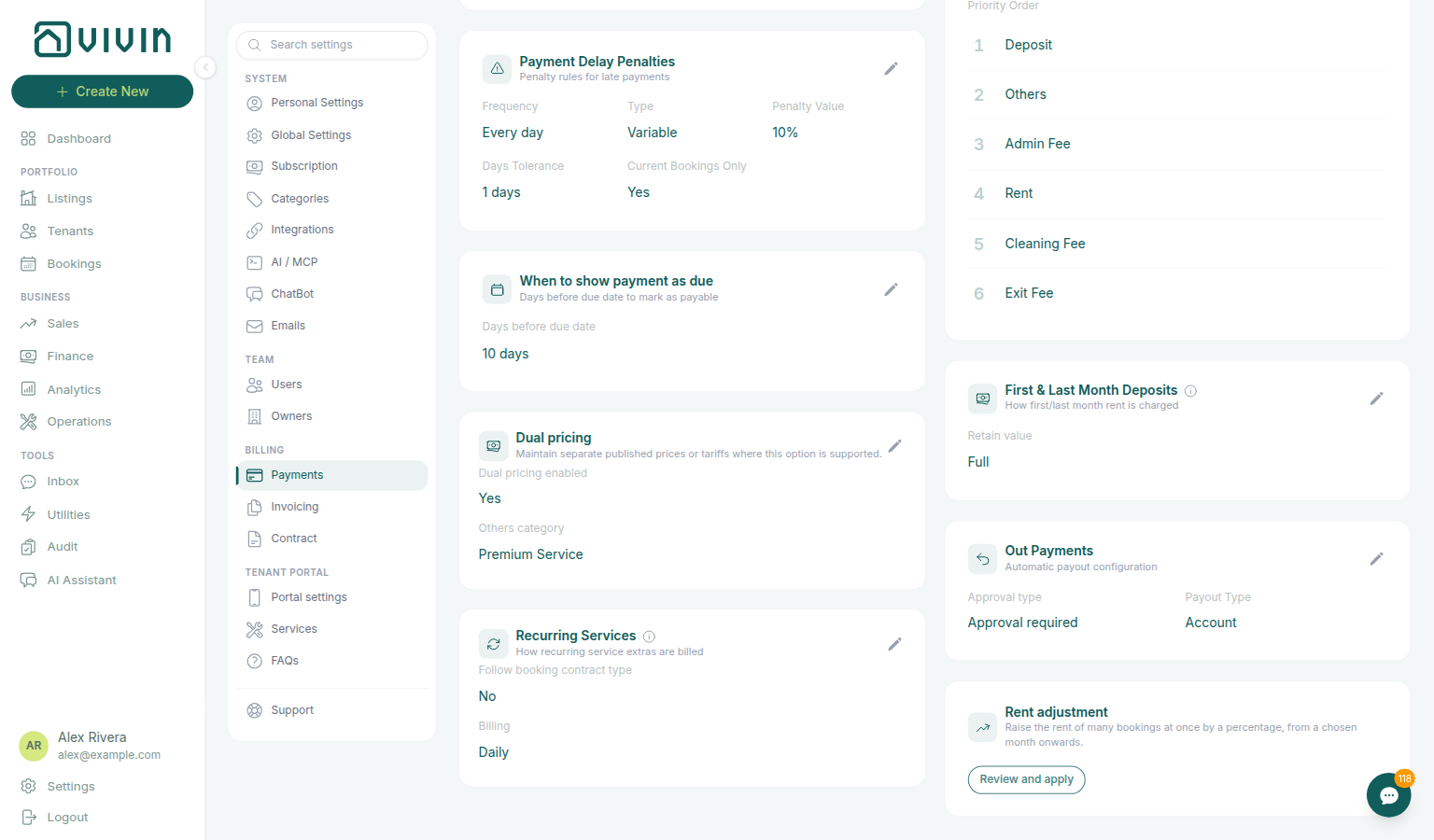 Account Settings — Payments tab, Recurring Services card