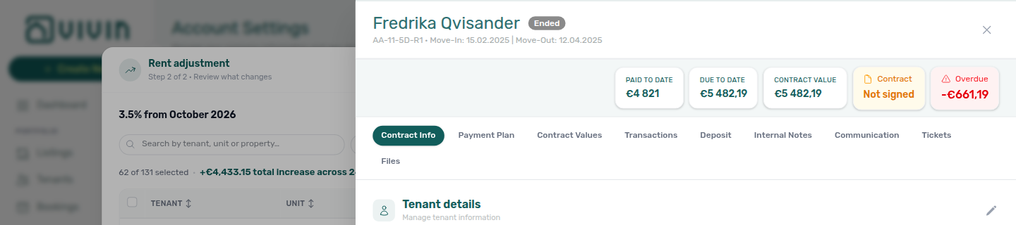 Rent adjustment — booking sidebar open on top of the Step 2 preview