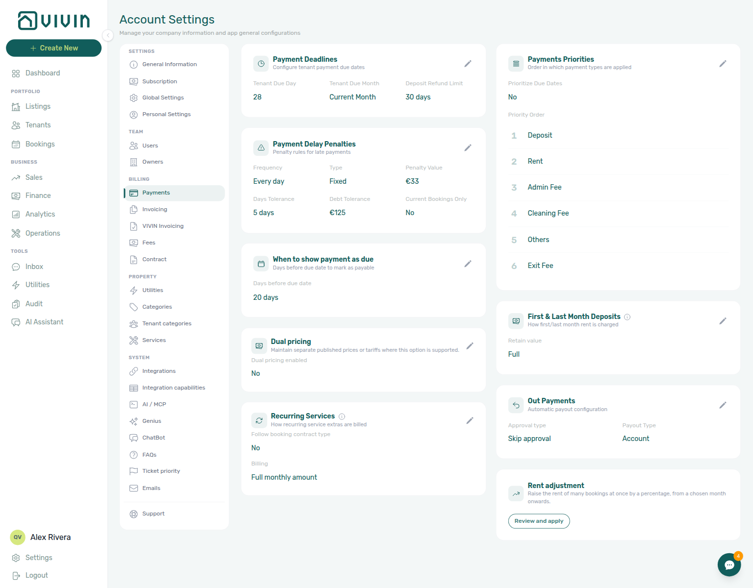Account Settings — Payments tab Rent adjustment card with Review and apply