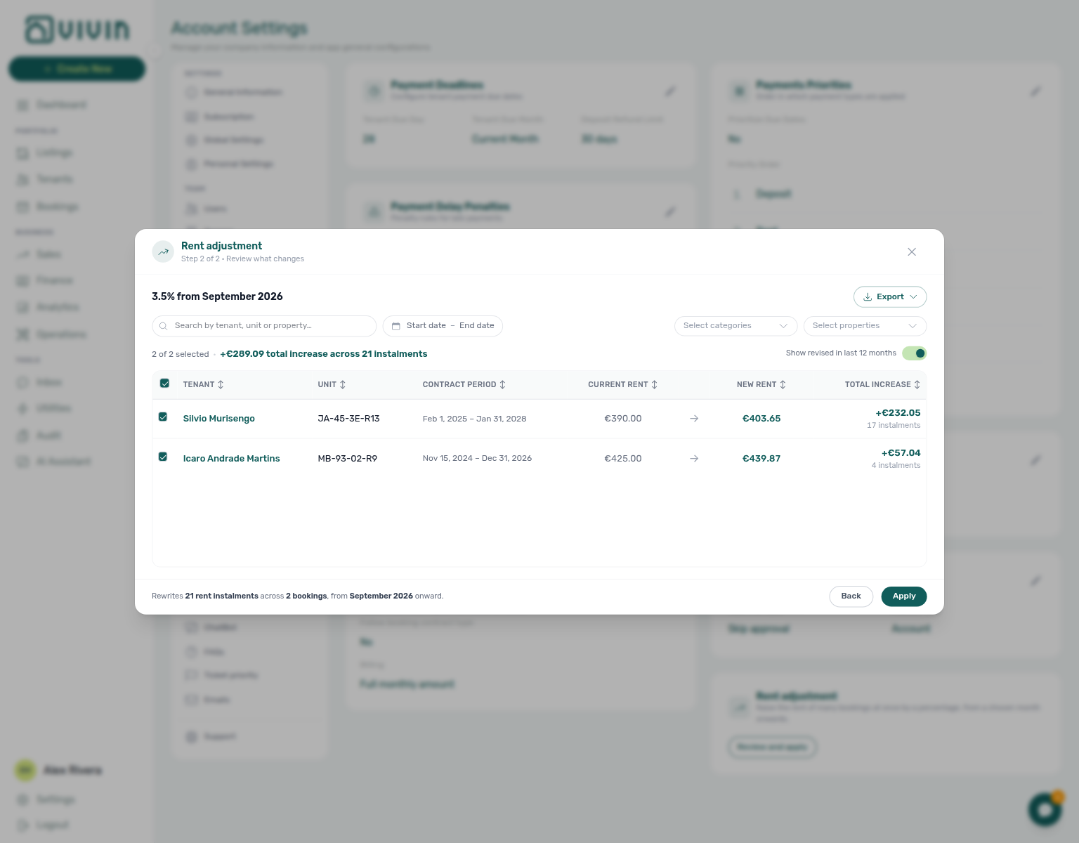 Rent adjustment — Step 2 Review preview table with current vs new rent