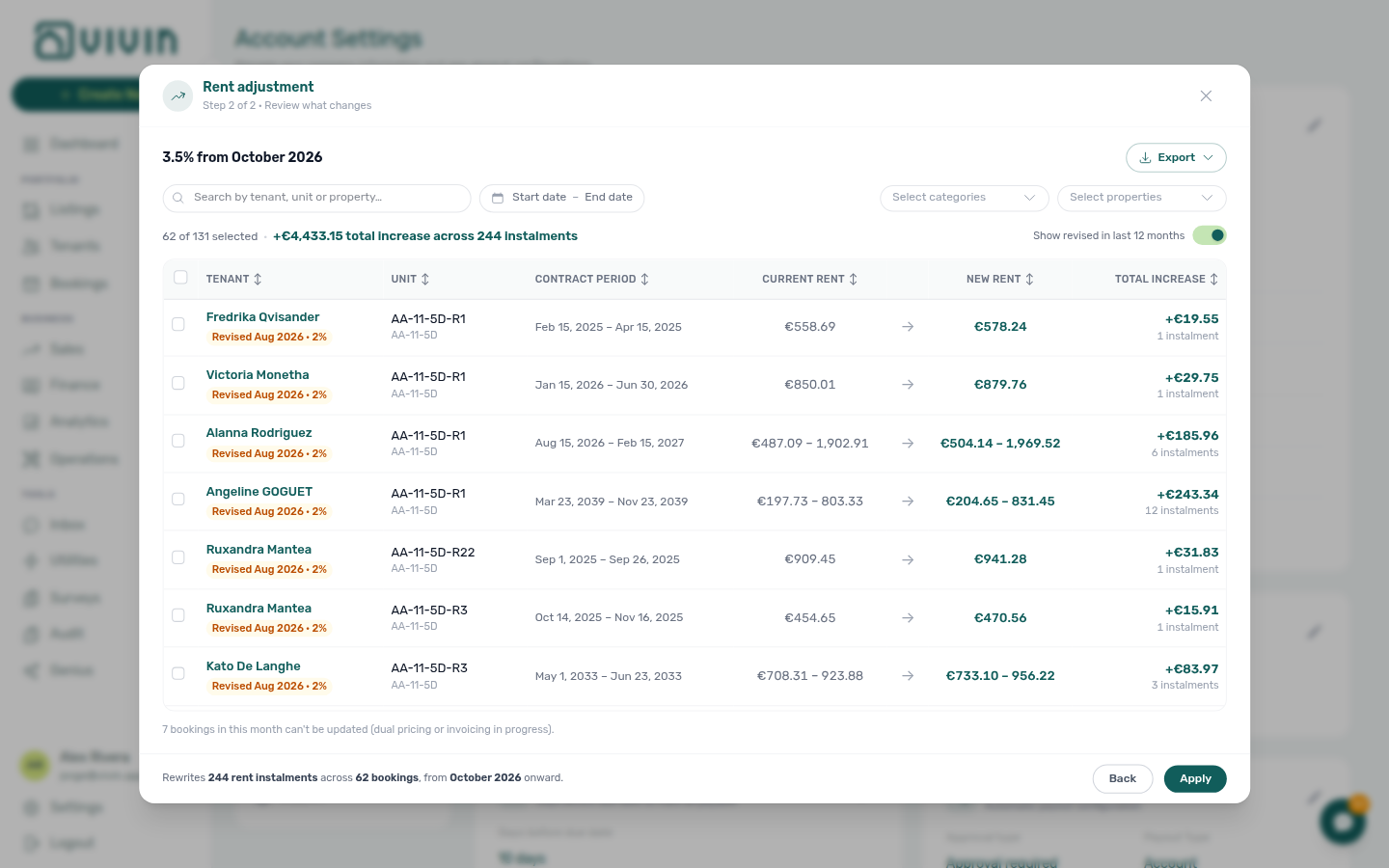 Rent adjustment Step 2 — teal tenant name (View booking details) in the preview table