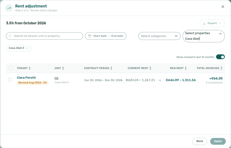 Rent adjustment Step 2 — Select properties still open after ticking Casa Abel II