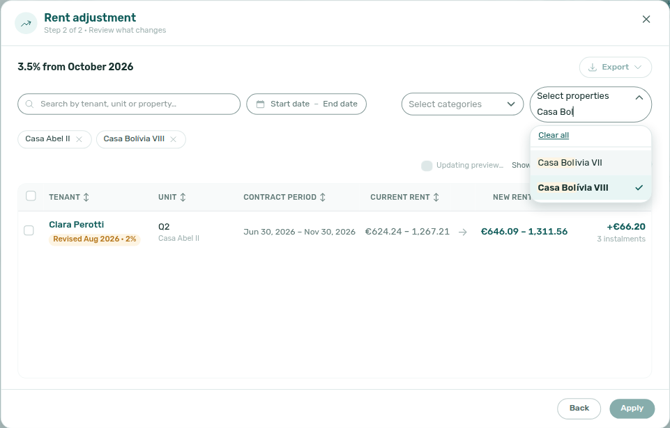 Rent adjustment Step 2 — Select properties still open with Casa Abel II and Casa Bolívia VIII checked