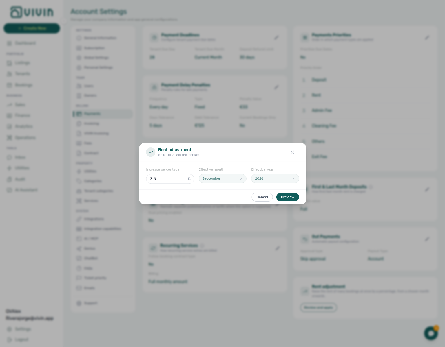 Rent adjustment — Step 1 Set the increase with percentage and effective month