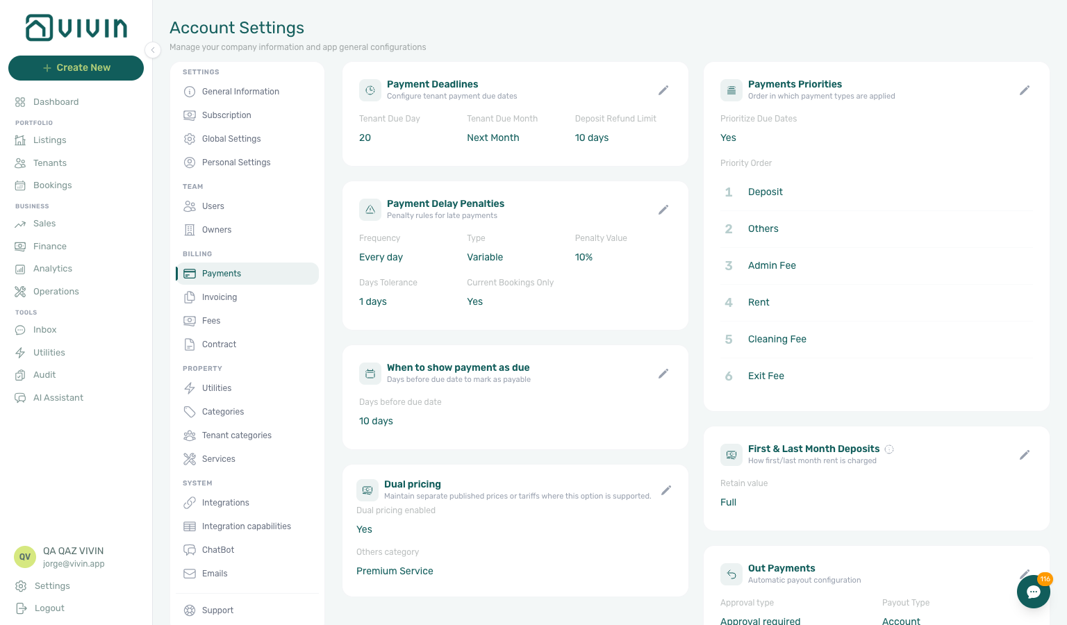 Account Settings — Payments tab with deadlines, penalties, deposits, and payment priority ordering