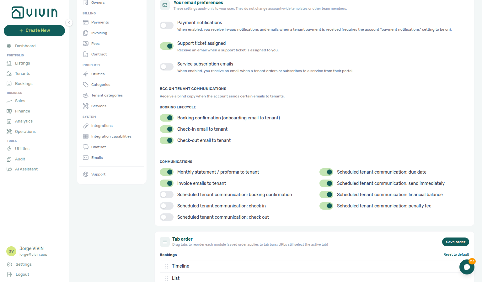 Account Settings — Personal Settings with Your email preferences in view (payment, ticket-assigned, and service-subscription toggles plus BCC on tenant communications)