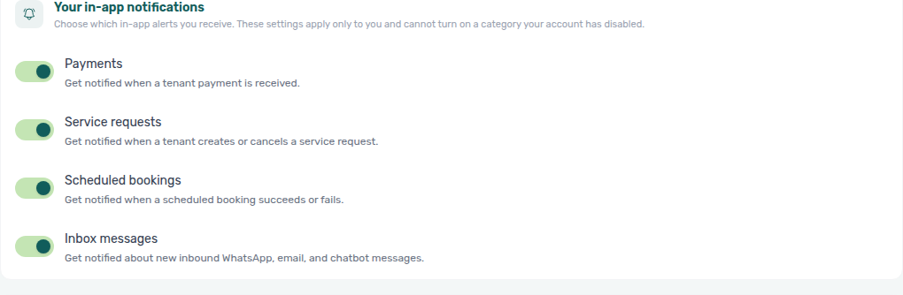 Account Settings — Personal Settings with Your in-app notifications card (Payments, Service requests, Scheduled bookings, Inbox messages opt-out toggles)