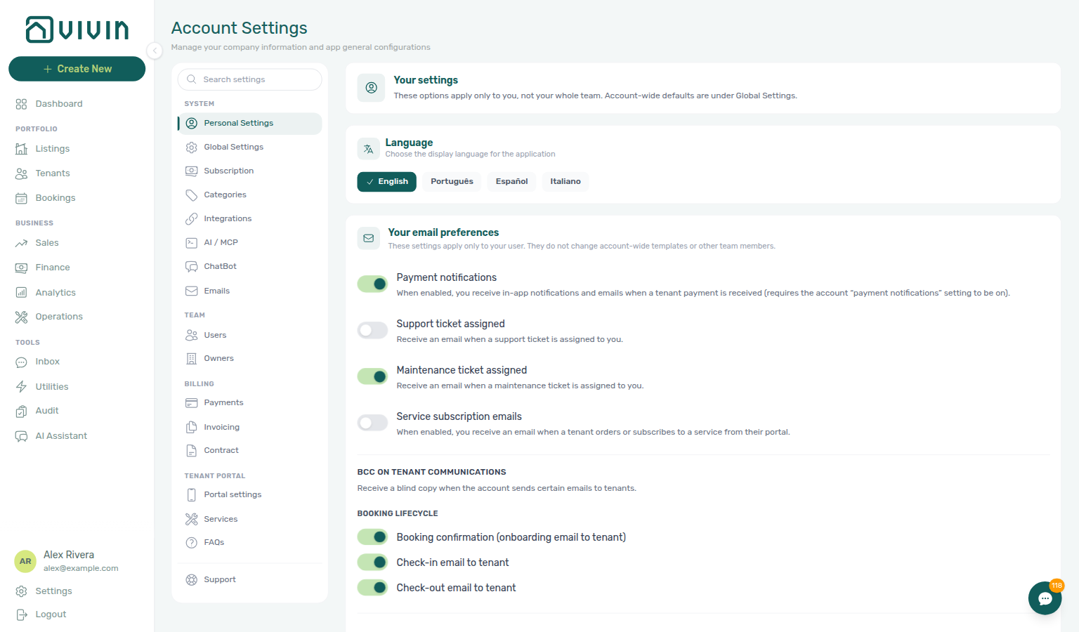 Account Settings — Personal Settings tab with interface language chips