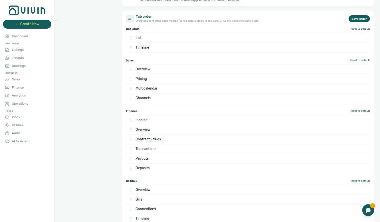 Account Settings — Tab order Finance list after dragging Income above Overview (before Save order)