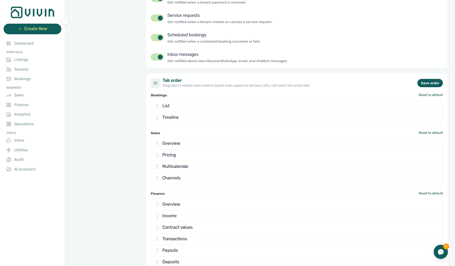 Account Settings — Tab order Sales list with Overview, Pricing, Multicalendar, and Channels