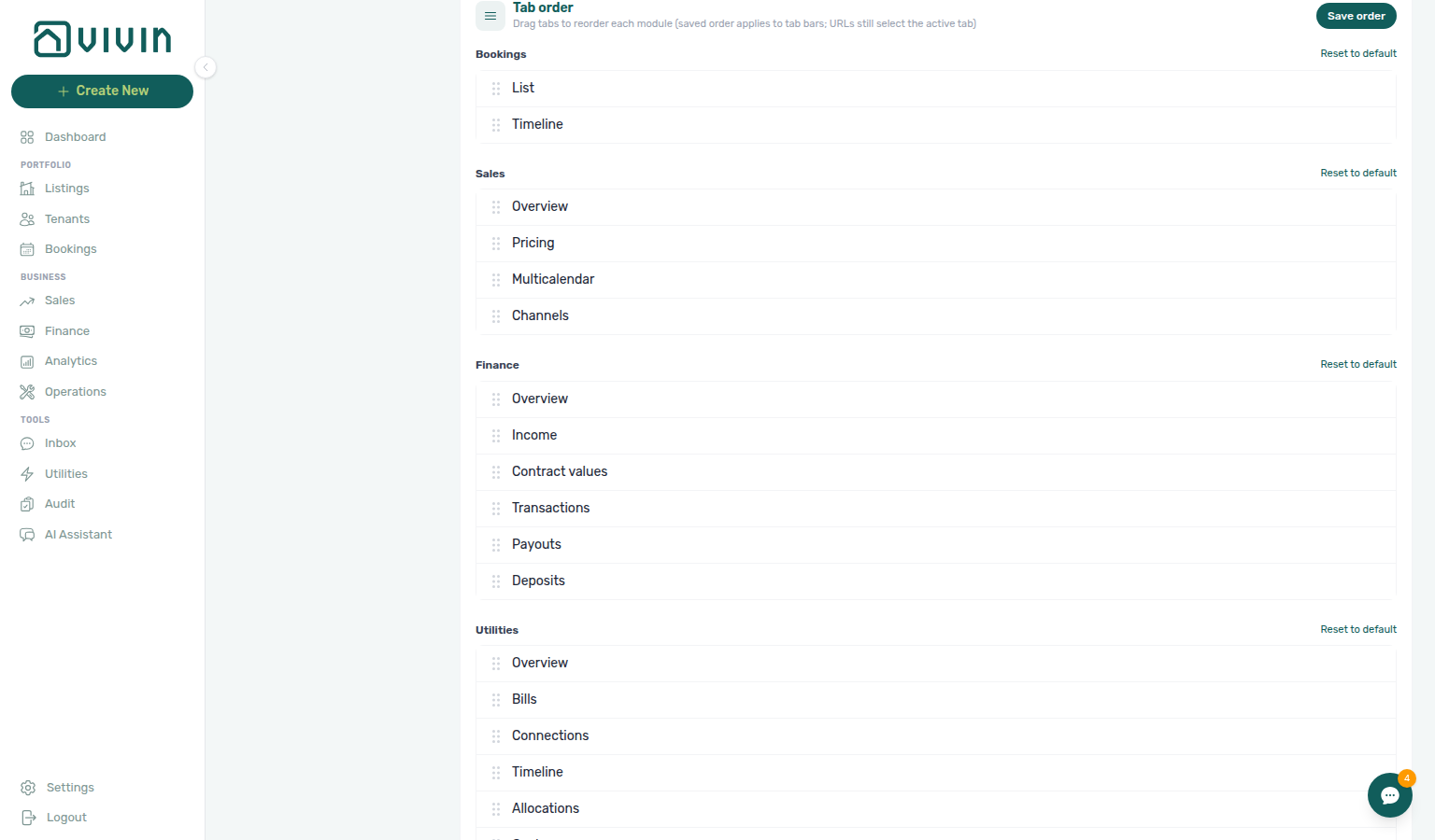 Account Settings — Personal Settings Tab order card with Bookings, Sales (including Multicalendar), Finance, and Utilities