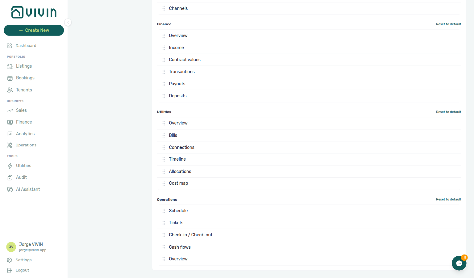 Account Settings — Personal Settings Tab order card with drag handles for Finance, Utilities, and Operations tabs