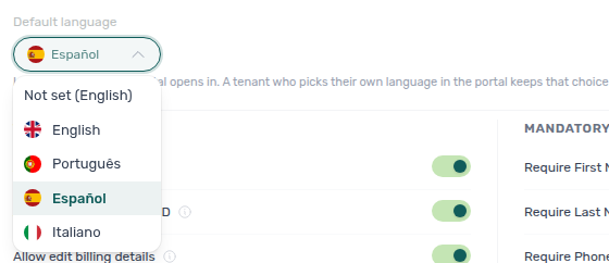 Portal settings — Default language menu (Not set (English), English, Português, Español, Italiano)