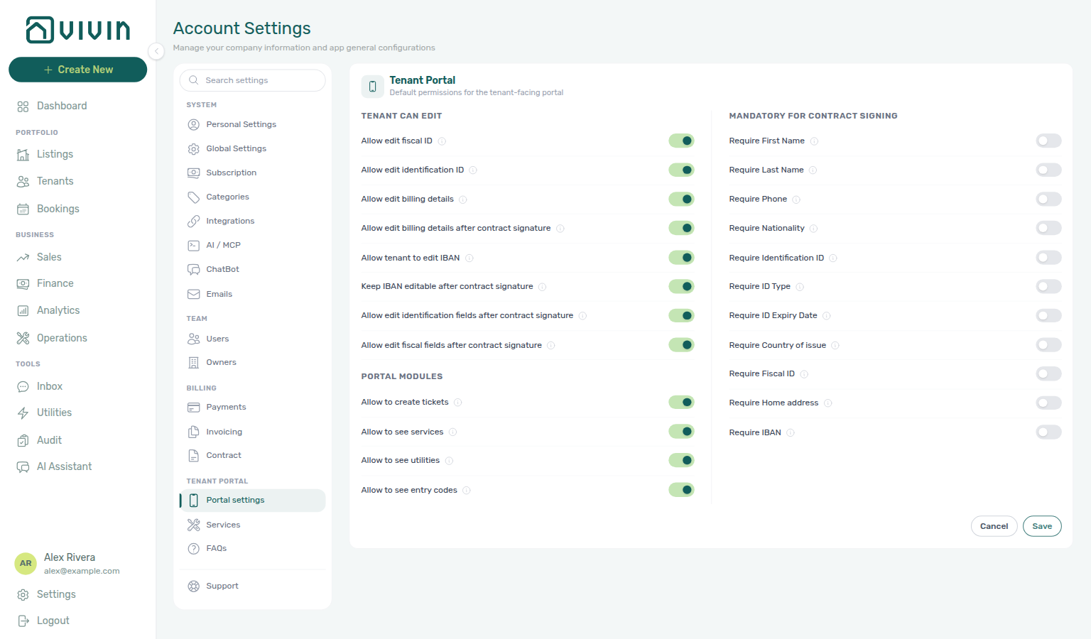 Account Settings — Portal settings in edit mode with Save and Cancel