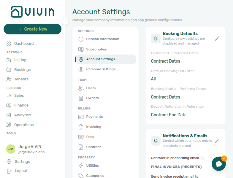 Account Settings — Preferences: booking defaults, notifications, and tenant portal cards in the settings shell
