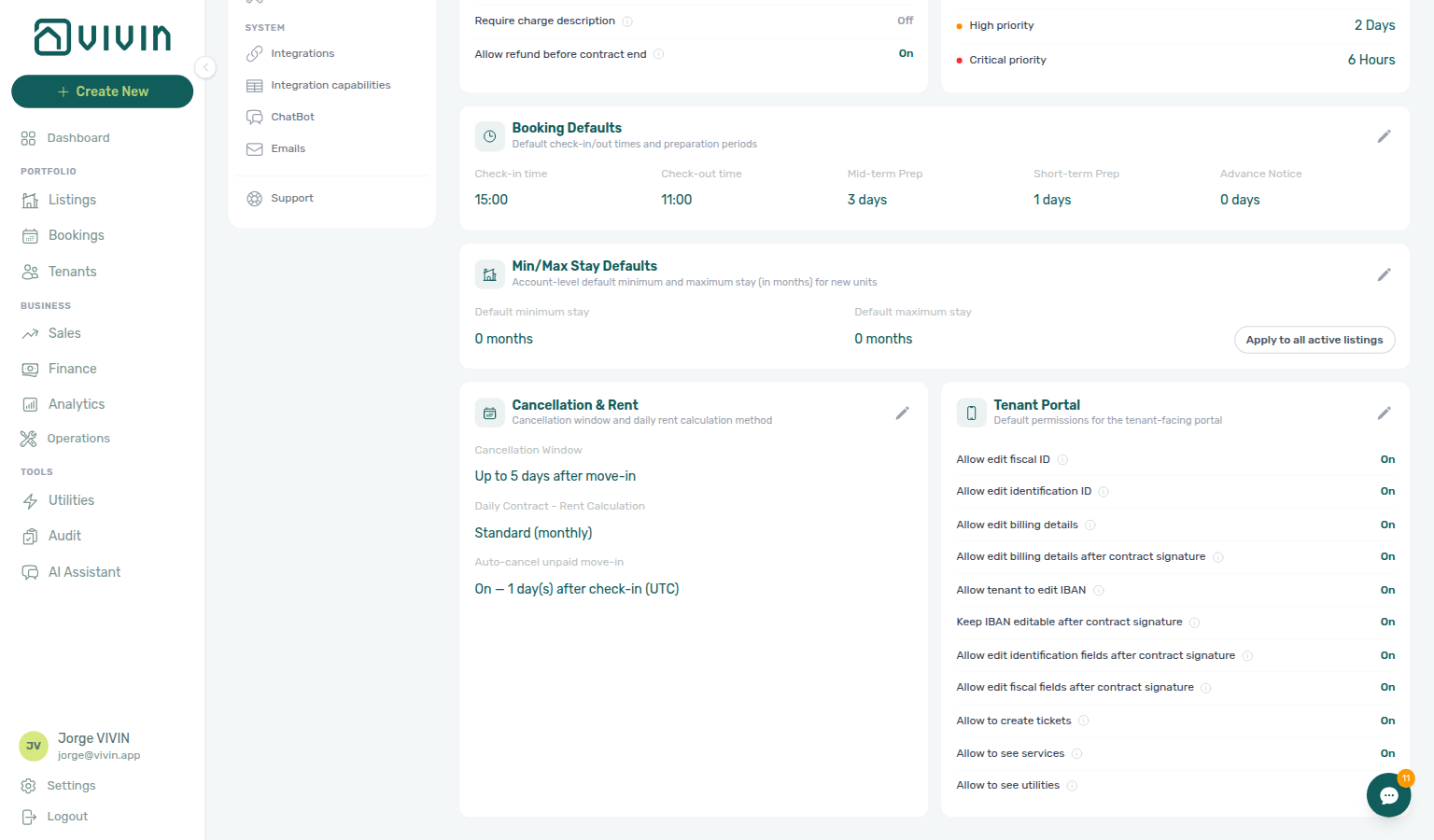 Account Settings — Preferences, Booking Defaults card with check-in/out times and preparation-day fields