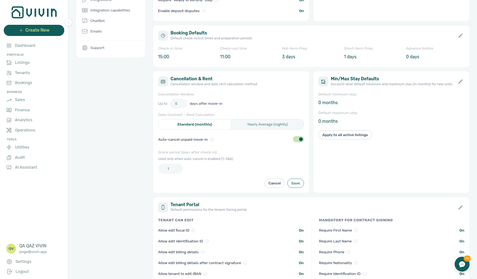 Account Settings — Preferences, Cancellation &amp; Rent card in edit mode with Auto-cancel unpaid move-in and grace period (days after check-in)
