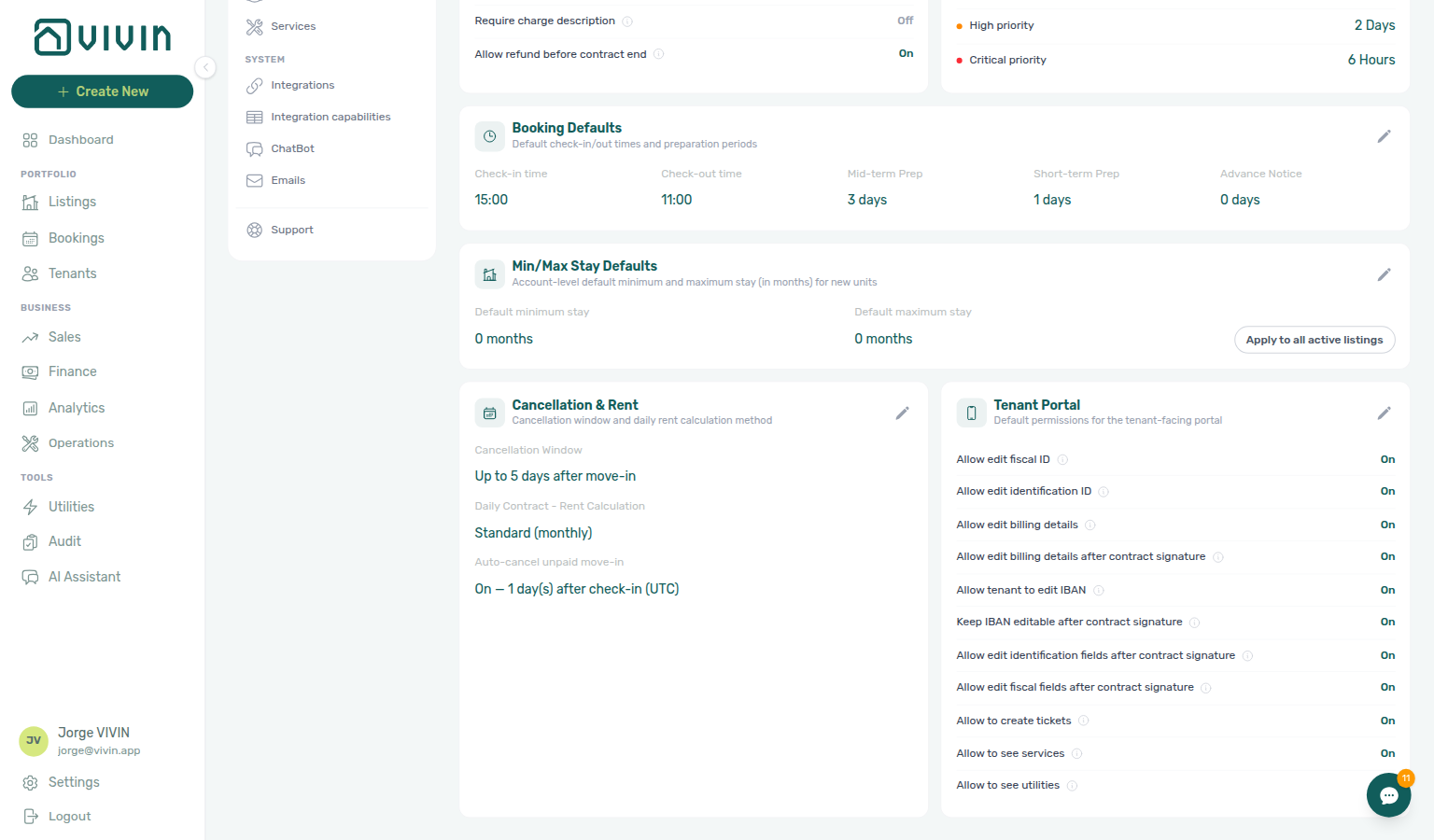 Account Settings — Preferences, Cancellation &amp; Rent card with cancellation window and daily rent calculation