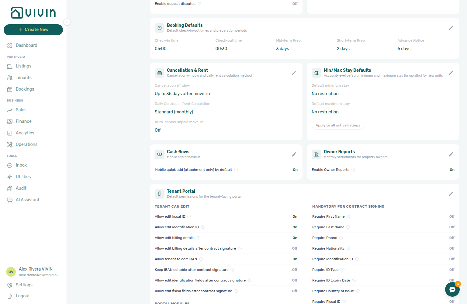 Account Settings — Preferences, Cash flows card with Mobile quick add On