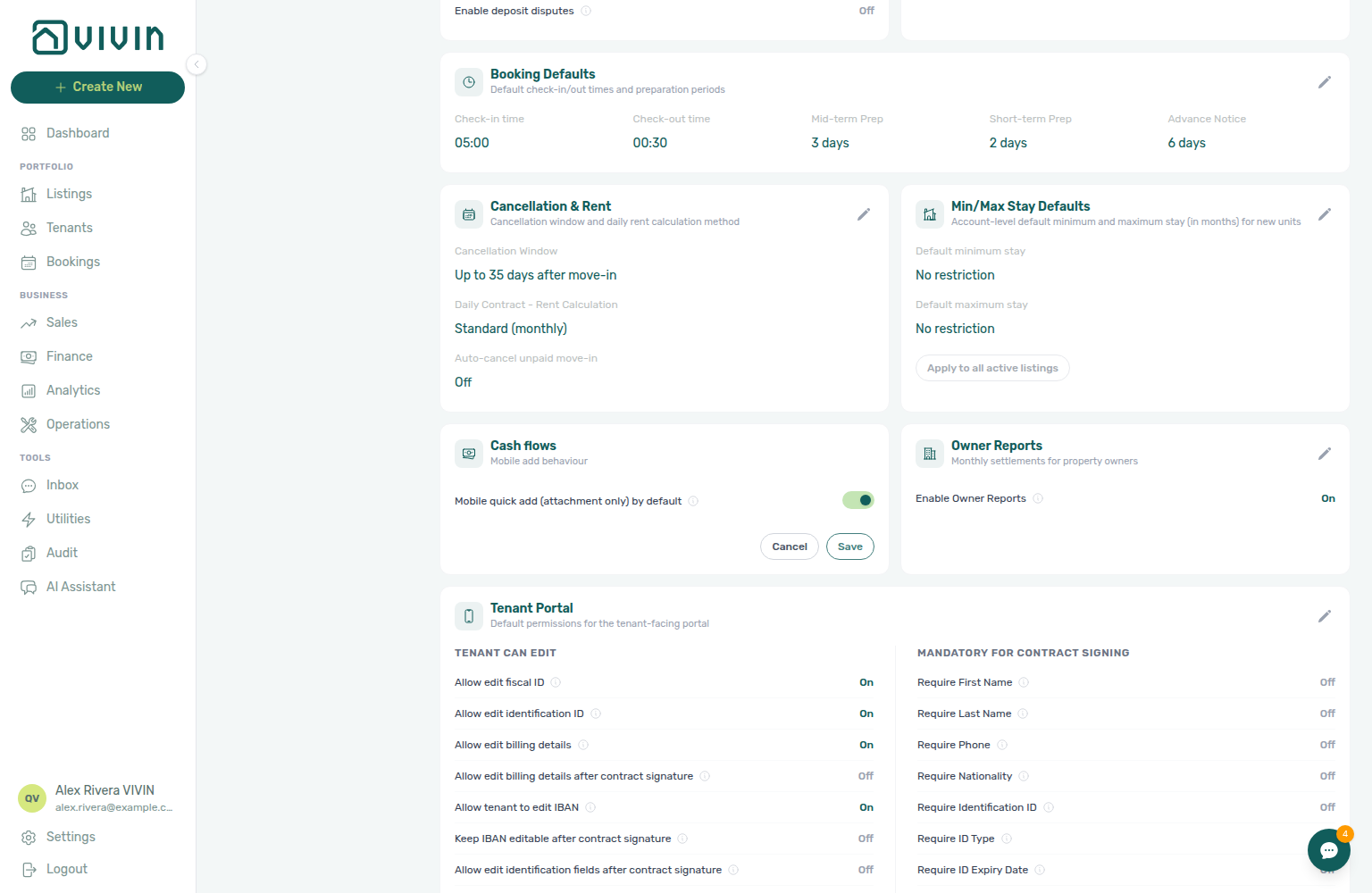 Account Settings — Preferences, Cash flows card in edit mode with Mobile quick add On