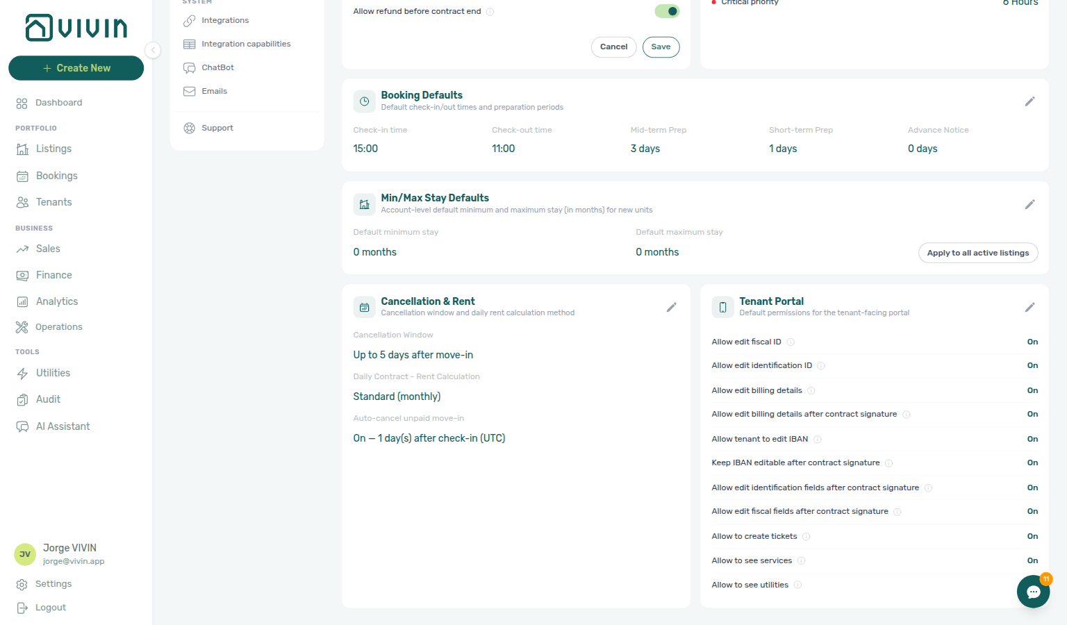 Account Settings — Preferences, Charges &amp; Payments card in edit mode with Save and Cancel