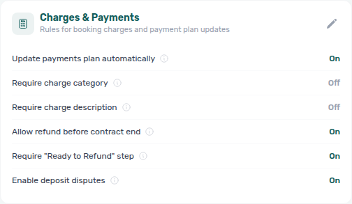 Account Settings — Preferences, Charges &amp; Payments deposit lifecycle toggles (ready-to-refund requirement and deposit disputes)