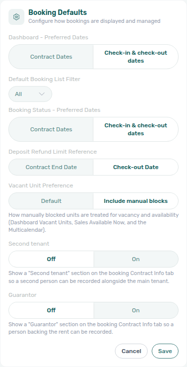 Account Settings — Preferences, Booking Defaults with Guarantor Off/On