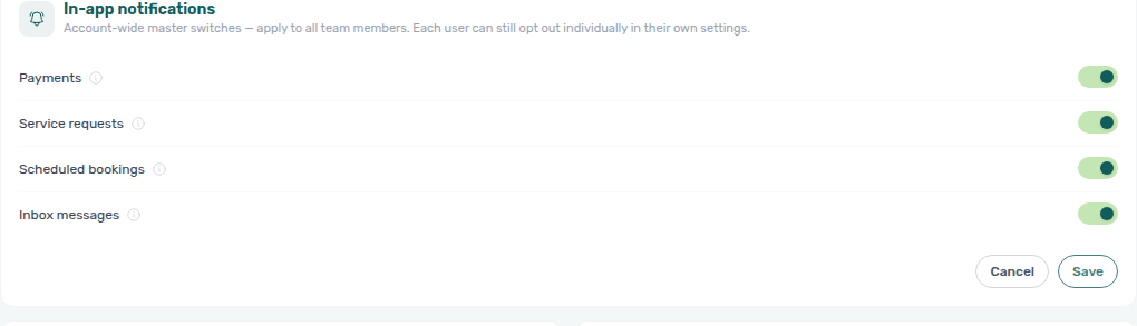 Account Settings — Preferences, In-app notifications card in edit mode with Payments, Service requests, Scheduled bookings, and Inbox messages master switches