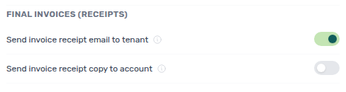 Account Settings — Preferences, Notifications &amp; Emails card with Final invoices (receipts) tenant and account copy toggles