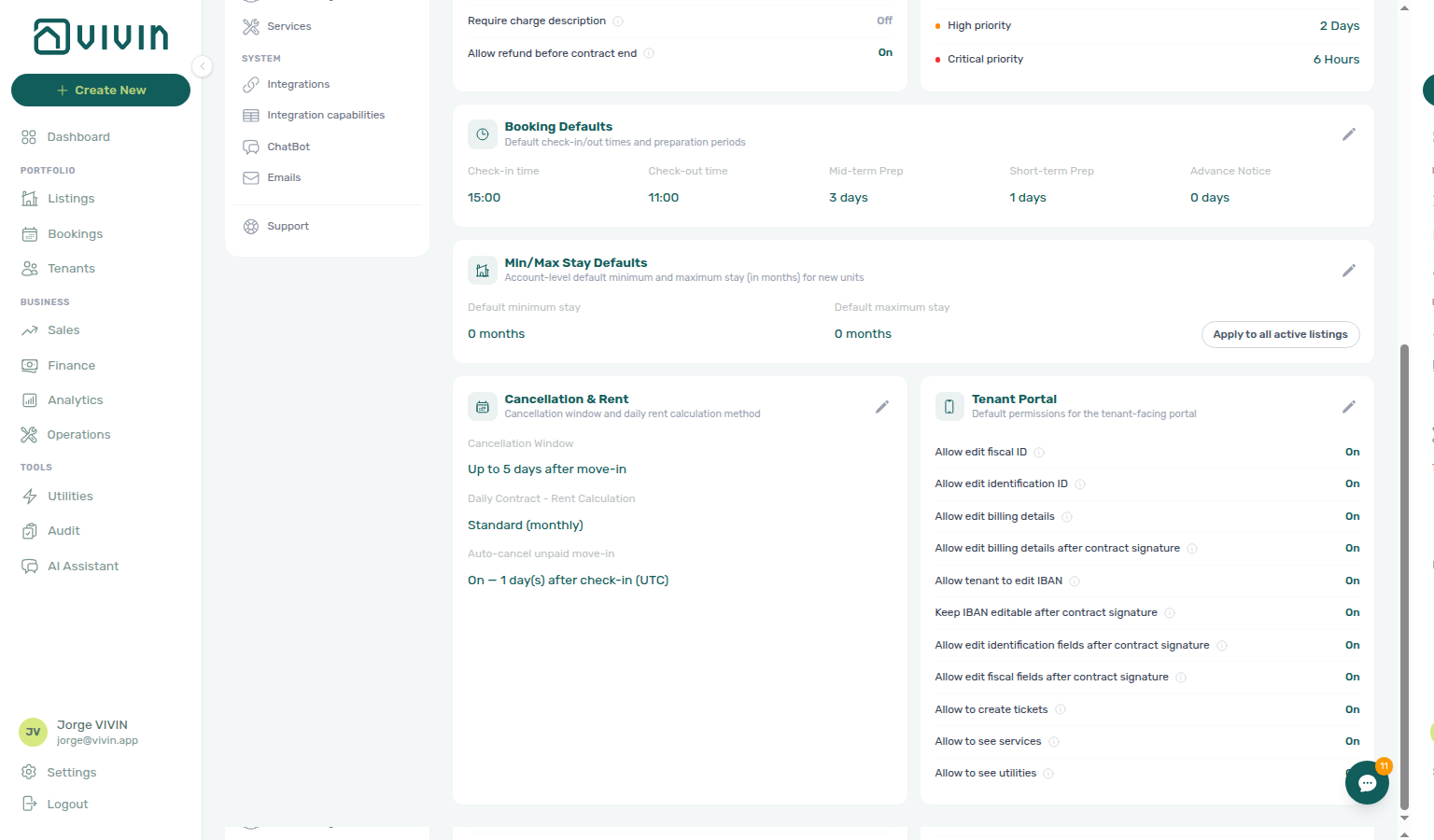 Account Settings — Preferences, Min/Max Stay Defaults card with default months and apply-to-all control