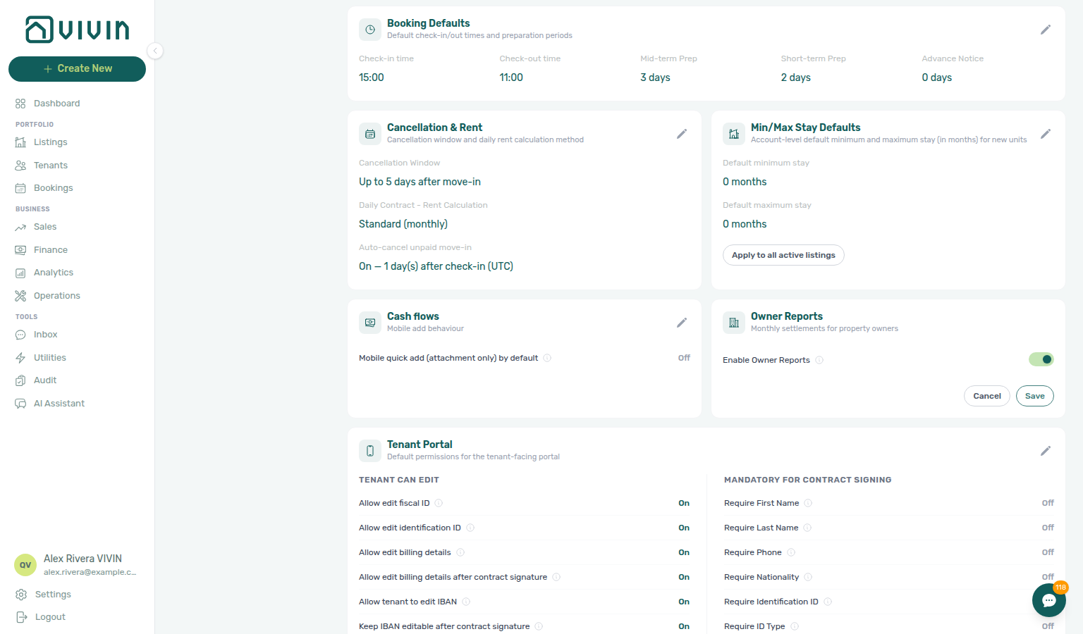 Account Settings — Preferences, Owner Reports card in edit mode with Enable Owner Reports On