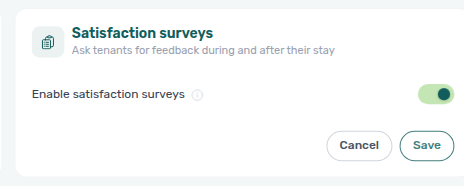 Account Settings — Preferences, Satisfaction surveys card in edit mode with Enable satisfaction surveys On