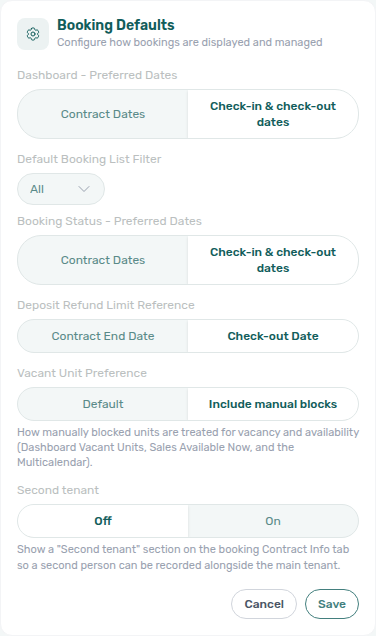 Account Settings — Preferences, Booking Defaults with Second tenant Off/On