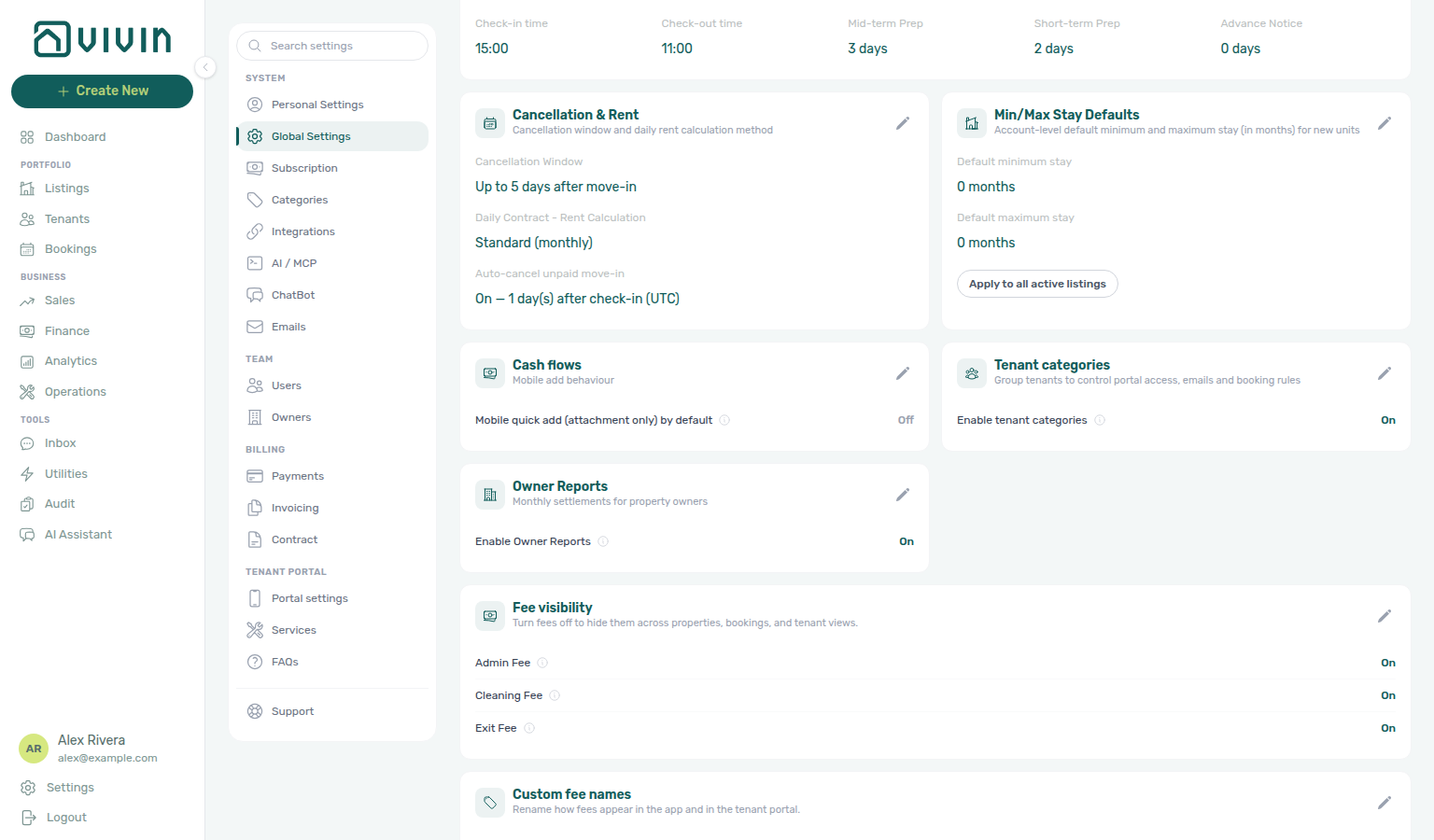 Account Settings — Global Settings, Tenant categories card with Enable tenant categories On