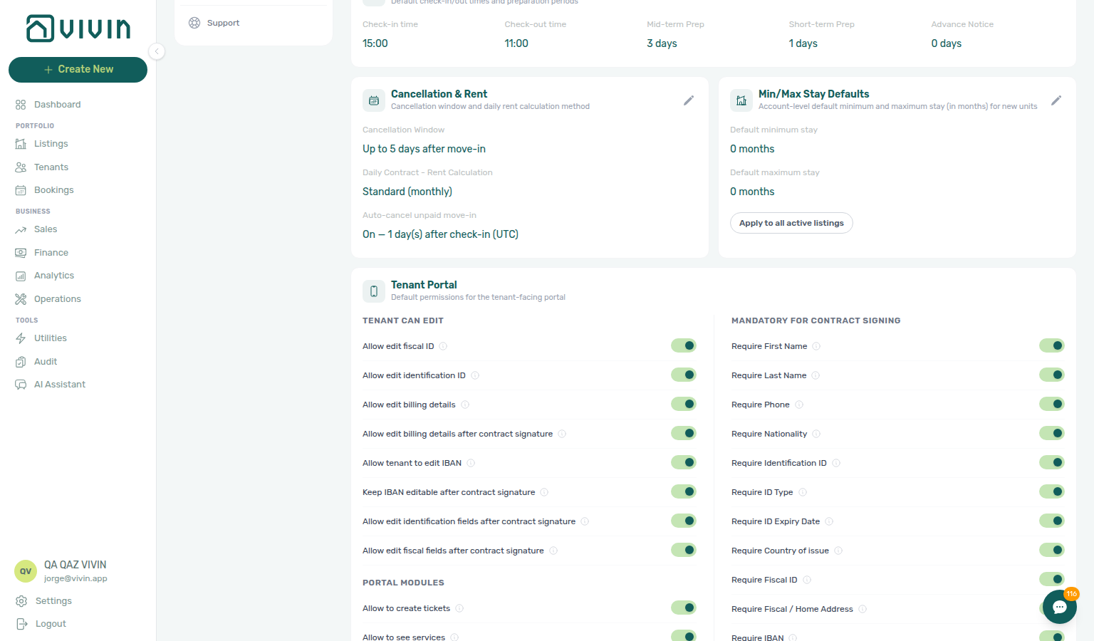 Account Settings — Preferences, Mandatory for contract signing toggles on the Tenant Portal card